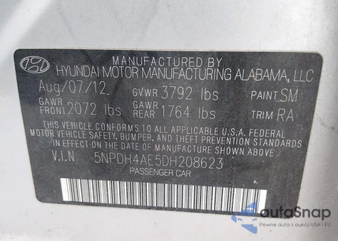 2013 Hyundai Elantra Limited z USA, uszkodzony, nr VIN 5NPDH4AE5DH208623